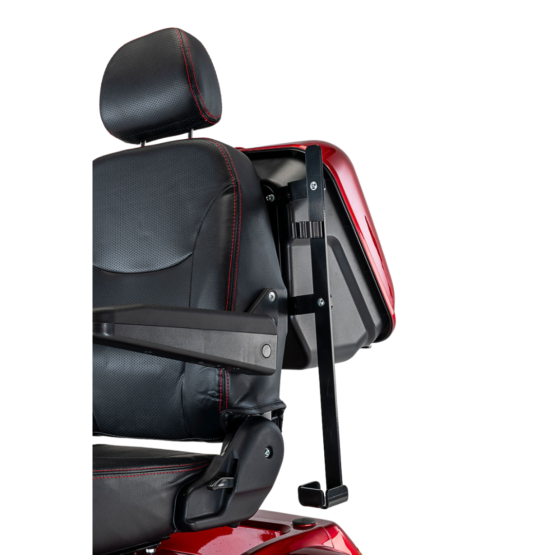 Close-up of Afikim Electric Vehicle Accessories black and red mobility scooter seat, featuring comfort and safety with armrests, headrest, foldable storage compartment on a sturdy metal frame, allowing practical customization.